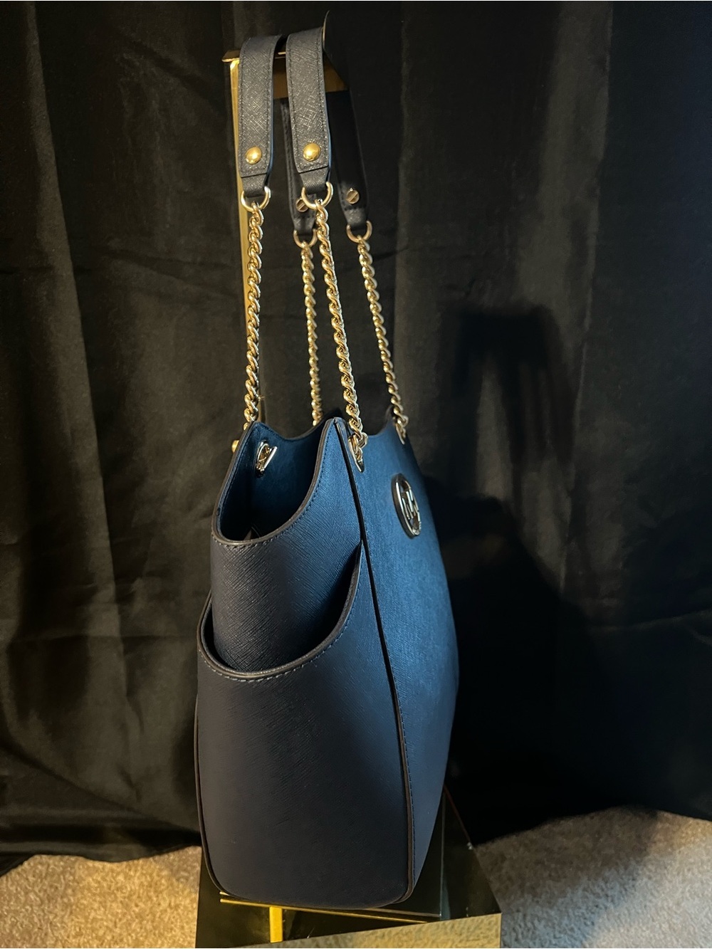 Michael Kors Navy Saffiano Leather Shoulder Tote with Gold Hardware - Picture 3 of 16